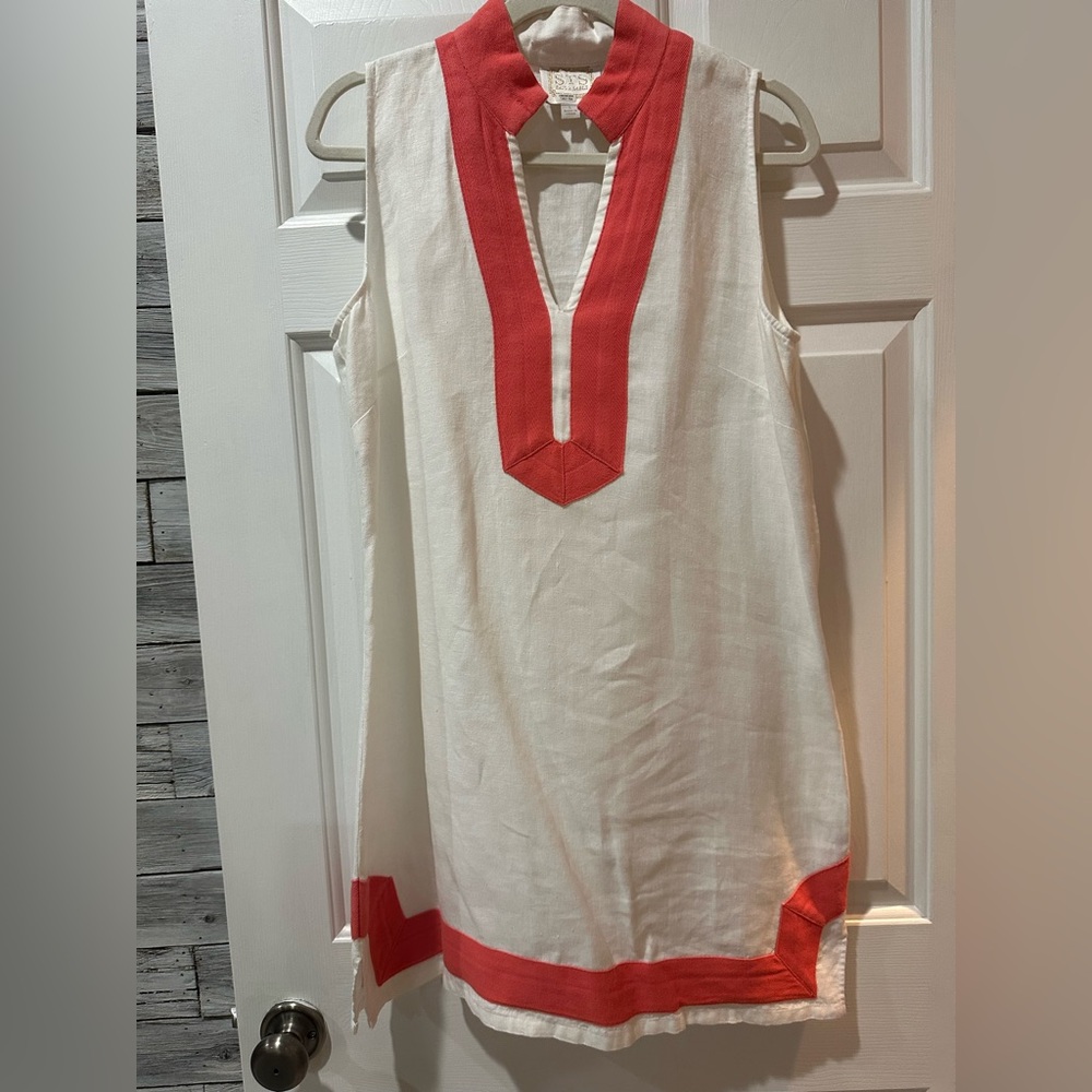 STS Sleeveless White and Coral Trim Linen Dress